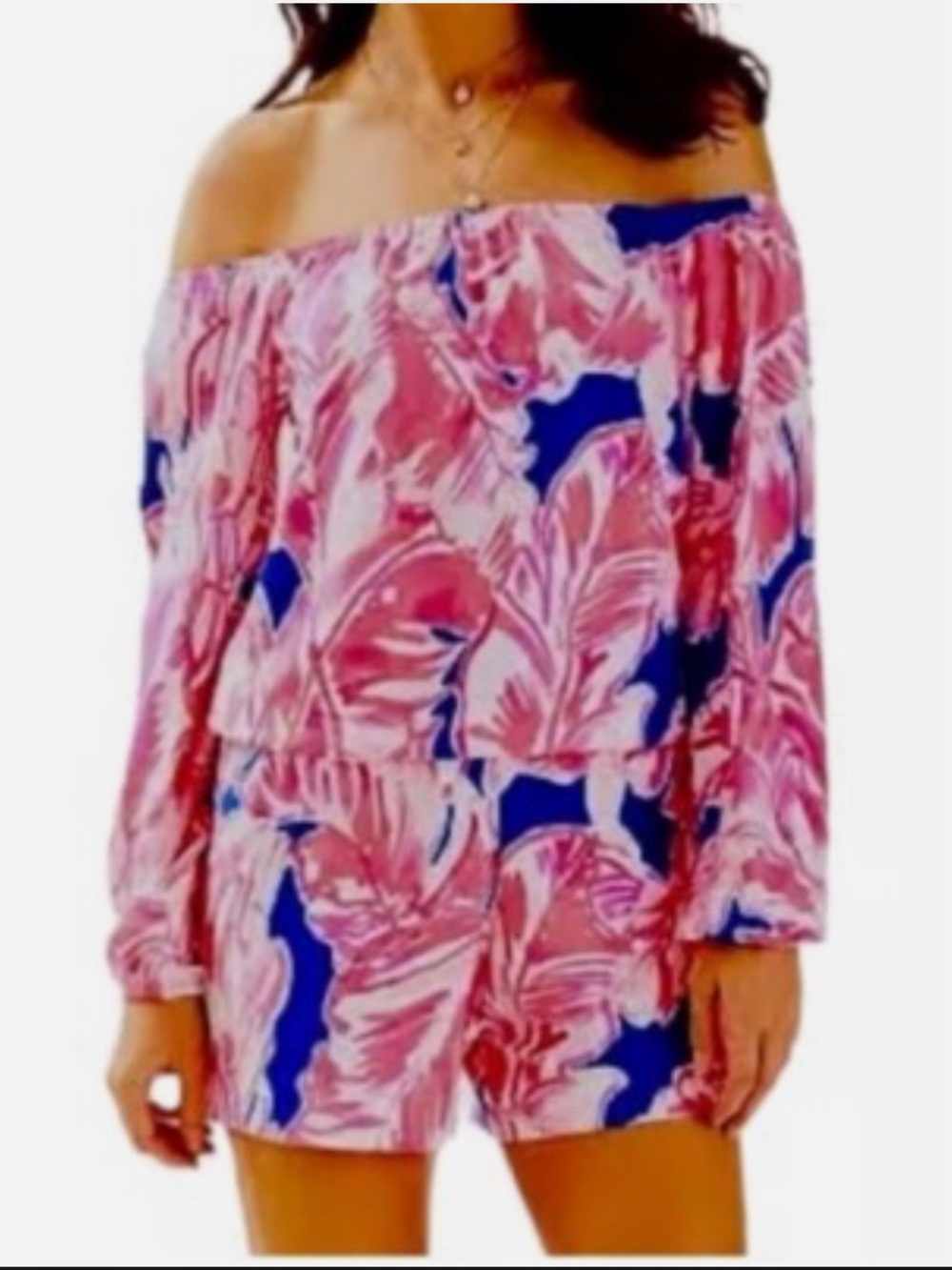 Lilly Pulitzer Lana romper off the shoulder long sleeves Tiki Pink Beach Bliss